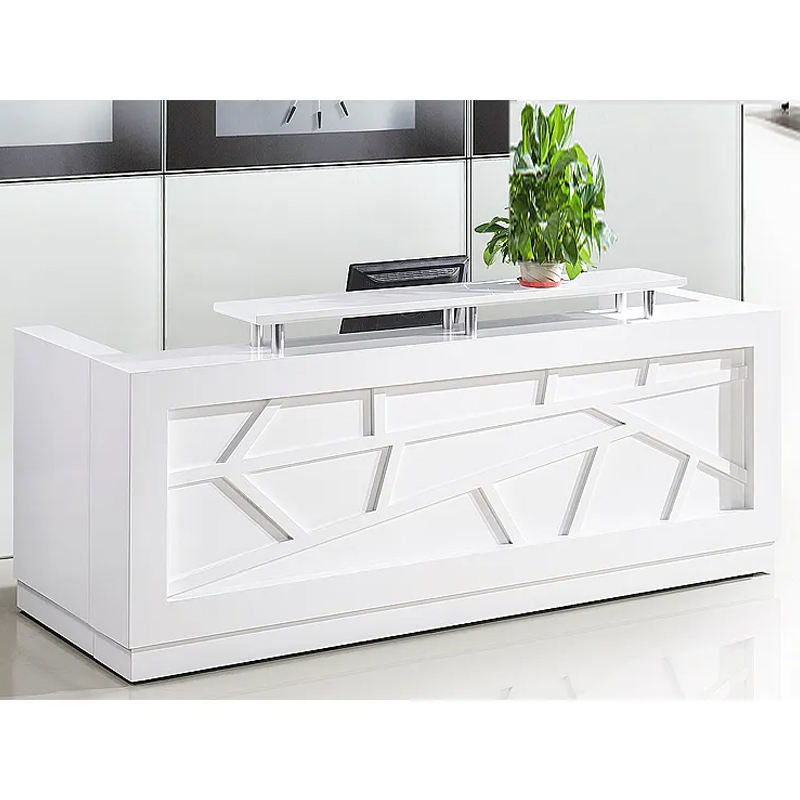 Venta al por mayor Salón de belleza de diseño de lujo Madera Blanco Muebles de oficina modernos mostrador Mesa de recepción en forma de L