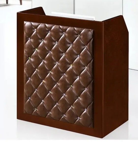 Venta al por mayor Nuevo diseño de lujo Escritorio negro mostrador de madera Diamante en forma de L Escritorio pequeño mostrador frontal Recepción